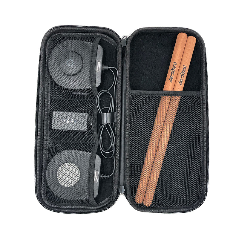 PocketDrum storage bag with drumsticks, receiver, and pads. Durable, organized carrying case for AeroBand accessories.