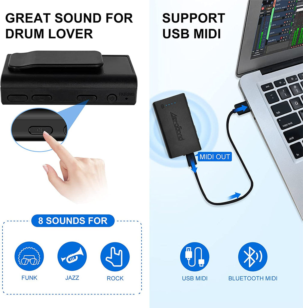 Black PocketDrum adapter with 'AeroBand' logo, connected to a laptop via USB, supporting USB and Bluetooth MIDI.