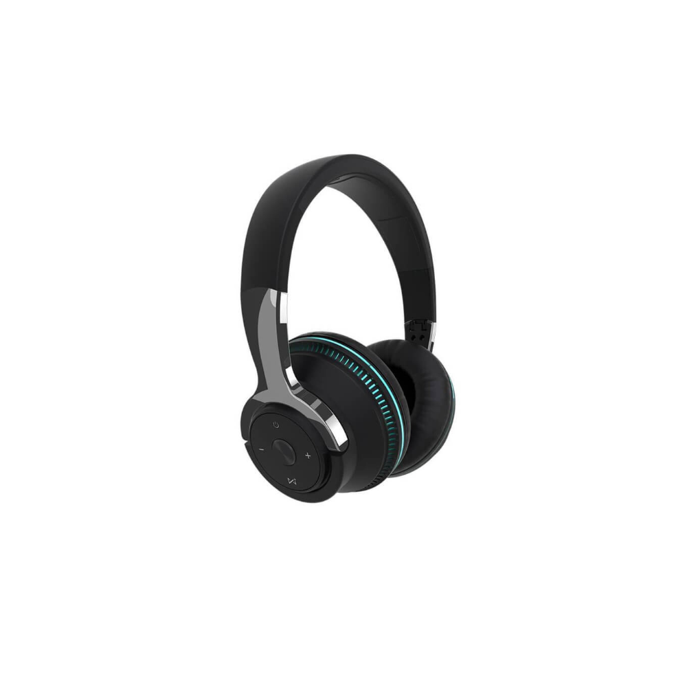 Black over-ear headphones with silver accents and blue LED trim, featuring volume and playback controls.