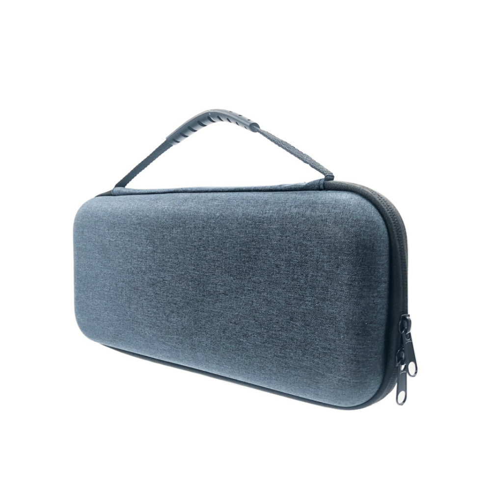 Dark gray PocketDrum storage bag with a reinforced handle and zipper closure, perfect for travel.