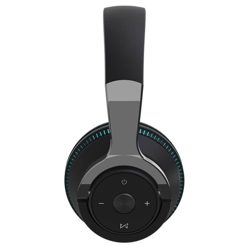 Black over-ear headphones with volume controls and power button on the ear cup.