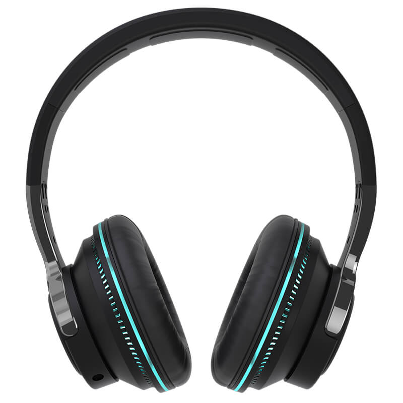 Black over-ear headphones with blue LED accents and silver ear cup detailing. Features a padded headband.